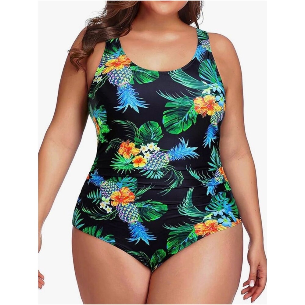 Daci One Piece Swimsuit Athletic Tummy Control U-Back Black Tropical 28W NWT
